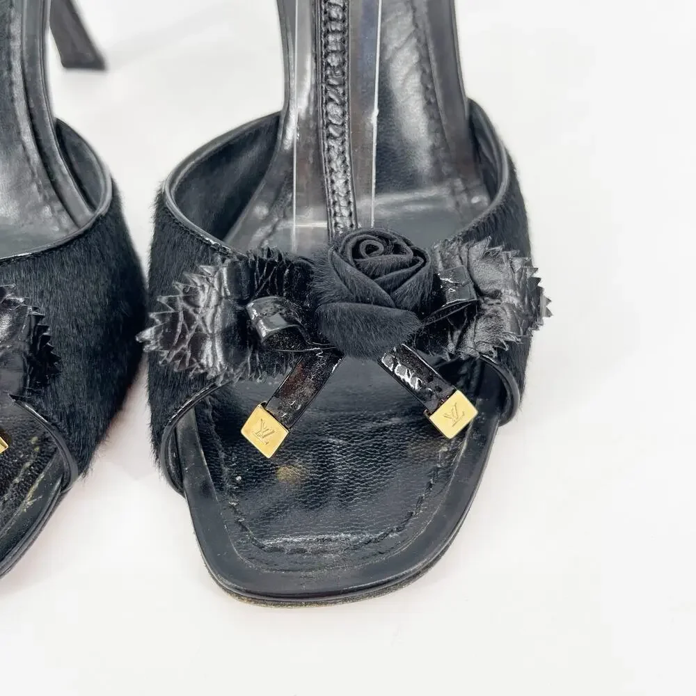 Vintage Louis Vuitton Black Pony-Style Calf Leather Rose T-Strap Sandals EU 37.5